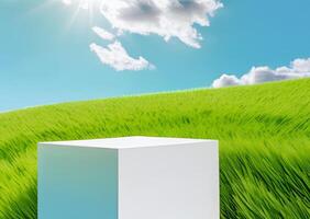 White Cube Display Platform on Lush Green Field under Sunny Sky photo