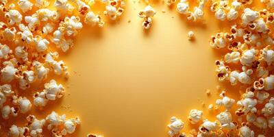 Popcorn scattered on a sunny yellow background with a soft texture creating an inviting snack atmosphere photo