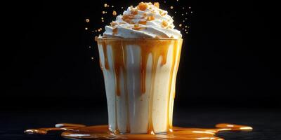 Indulgent dessert drink crowned with whipped cream and caramel sauce, overflowing on a dark surface photo
