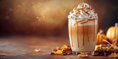 Delicious autumn-inspired drink topped with whipped cream and caramel in a cozy setting photo