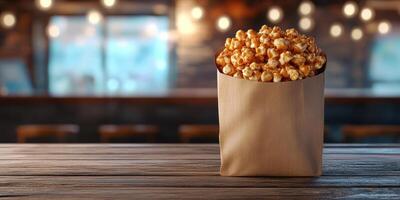 Freshly made popcorn in a brown paper bag placed on a wooden table at a cozy theater photo