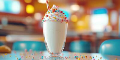 Delightful milkshake topped with whipped cream and colorful sprinkles in a vibrant diner setting photo