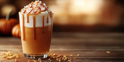 Cozy autumn drink featuring whipped cream, caramel drizzle, and pumpkin flavor in a warm setting with rustic decor photo