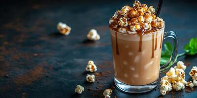 Unique iced coffee topped with caramel popcorn served in a clear glass mug on a dark background with scattered popcorn photo