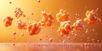 Floating popcorn kernels create a vibrant display against a warm orange background in an artistic food composition photo