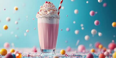 Colorful dessert shake with whipped cream and sprinkles on a vibrant blue background photo