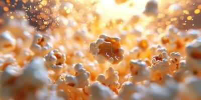 Popcorn kernels bursting into fluffy snacks in a colorful display of flavors and textures photo