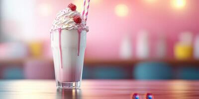 Delicious milkshake topped with whipped cream and raspberries in a vibrant cafe setting photo