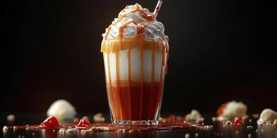 Delicious dessert drink with layers of caramel, whipped cream, and a straw served in a glass photo