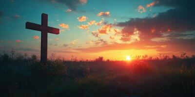 Sunset over a wooden cross in a serene landscape with blooming flowers and vibrant clouds in the sky photo