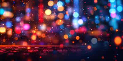 Bright, colorful bokeh lights illuminate a nighttime urban setting with vibrant energy and excitement photo
