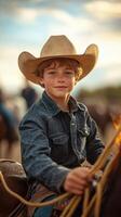 Young cowboy enjoys horseback riding at sunset during a ranch gathering near hills in the countryside photo