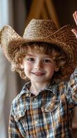 Young child in a straw cowboy hat smiles and waves indoors during a fun afternoon photo