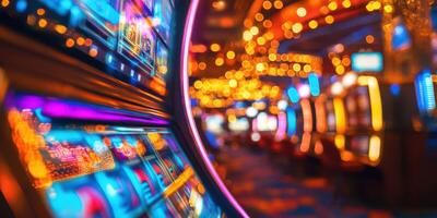 Vibrant casino activity with colorful slot machines and bright lights at night photo