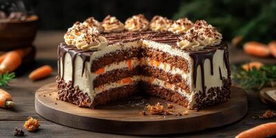 Delicious layered carrot cake decorated with chocolate drip and cream frosting served on a wooden board photo