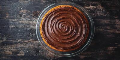 Delicious chocolate cake topped with smooth frosting on a rustic wooden table photo