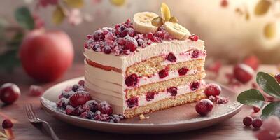 Delicious cake with layers of cream and fruit on a wooden table in a cozy setting photo