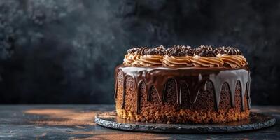 Delicious chocolate cake with creamy frosting on a dark background photo