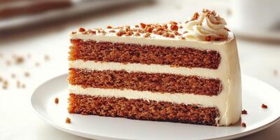 Delicious layered carrot cake with cream cheese frosting on a white plate photo