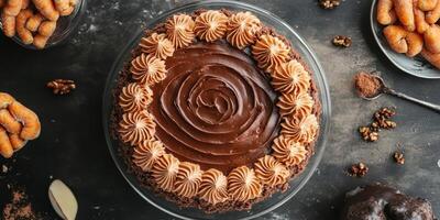 Chocolate cake with creamy frosting and decorative piping displayed on a dark kitchen table photo