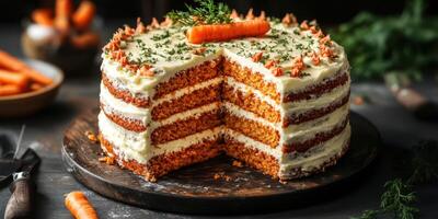 Carrot cake decorated with cream cheese frosting and fresh carrots in a rustic kitchen setting photo