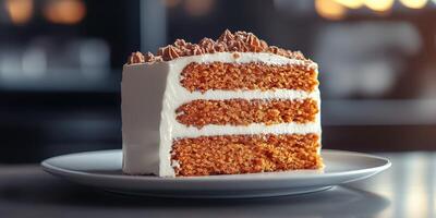Deliciously layered cake topped with creamy frosting served on a white plate in a cozy bakery setting photo