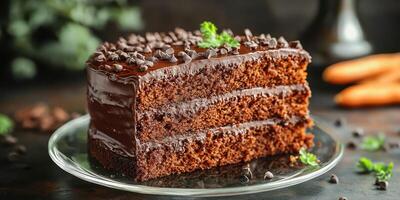Delicious chocolate cake with chocolate chips and fresh garnish served on a glass plate in a cozy setting photo