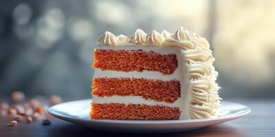 Layered carrot cake with cream cheese frosting displayed on a white plate in soft natural light photo