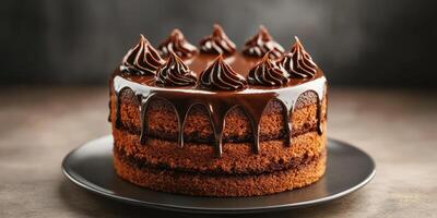 Decadent chocolate cake adorned with creamy swirls and dripping ganache on a sleek black plate photo