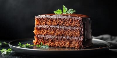 Chocolate layer cake with rich frosting served on a dark plate on a textured background photo