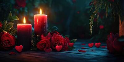 Romantic candlelight setting with red roses and heart-shaped decorations during a cozy evening photo