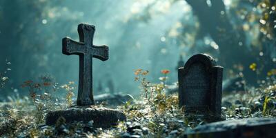 Mysterious graveyard with weathered tombstones surrounded by overgrown vegetation in soft morning light photo
