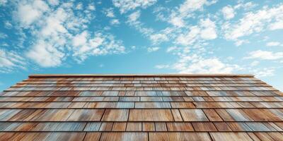 Wooden shingles reflect sunlight under a blue sky with scattered clouds during a sunny day in a rural setting photo