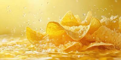 Crunchy tortilla chips splash into golden salsa during a lively gathering at sunset photo