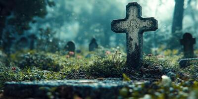 Weathered grave markers surrounded by misty vegetation in an eerie cemetery at dawn photo