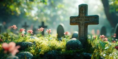 Beautifully maintained cemetery with flowers and stones at dawn in a serene, peaceful environment photo