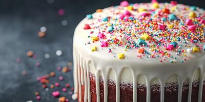 Colorful cake adorned with sprinkles and icing on a dark background in a joyful celebration setting photo