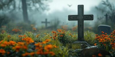 Quiet cemetery marked by aged gravestones surrounded by vibrant orange flowers in a foggy atmosphere photo