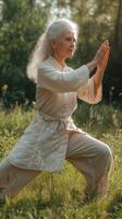 Elderly woman practicing tai chi in a tranquil outdoor setting during the golden hour of sunlight photo