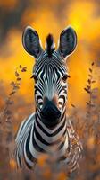 Zebra stands out in golden grass during a tranquil sunset in a wildlife habitat photo