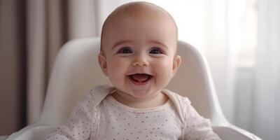 Smiling baby in high chair enjoying playful moment at home during daytime photo