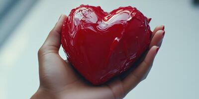Heart-shaped red jelly held in a hand on a light background showcasing love and creativity photo