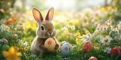 Cute rabbit holds colorful Easter egg among vibrant flowers in a sunny meadow during spring time photo