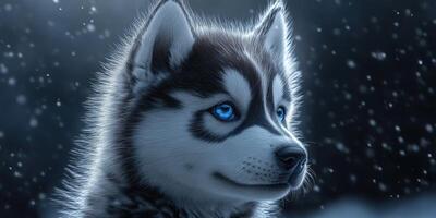 Beautiful husky puppy with striking blue eyes gazes calmly on a snowy winter day photo