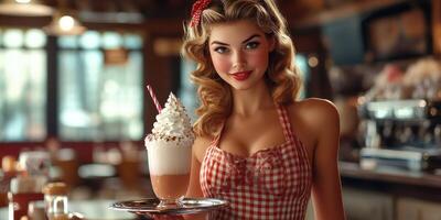Waitress in retro diner serving milkshake during a busy afternoon photo