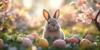 Cute bunny surrounded by colorful Easter eggs in a blooming garden during springtime photo