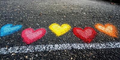 Colorful heart shapes drawn on a street celebrate love and positivity during a community art event in a vibrant urban setting photo