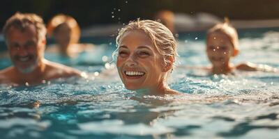 Group of friends enjoying a sunny day swimming and laughing in a refreshing pool photo