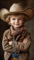 Young cowboy smiling confidently while dressed in Western attire with a straw hat and scarf in a rustic setting photo