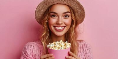 Young woman enjoying popcorn while smiling against a pink background in a casual setting of joy and relaxation photo